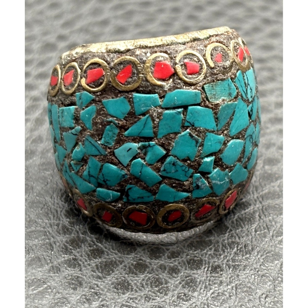 VTG Tibetan Style Turquoise Coral Inlay Mosaic Statement Ring Silver Tone Sz 8
